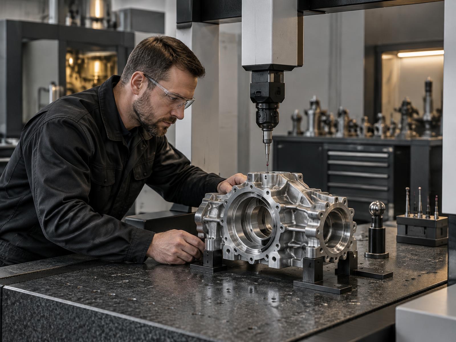 A quality engineer inspecting a precision-machined component