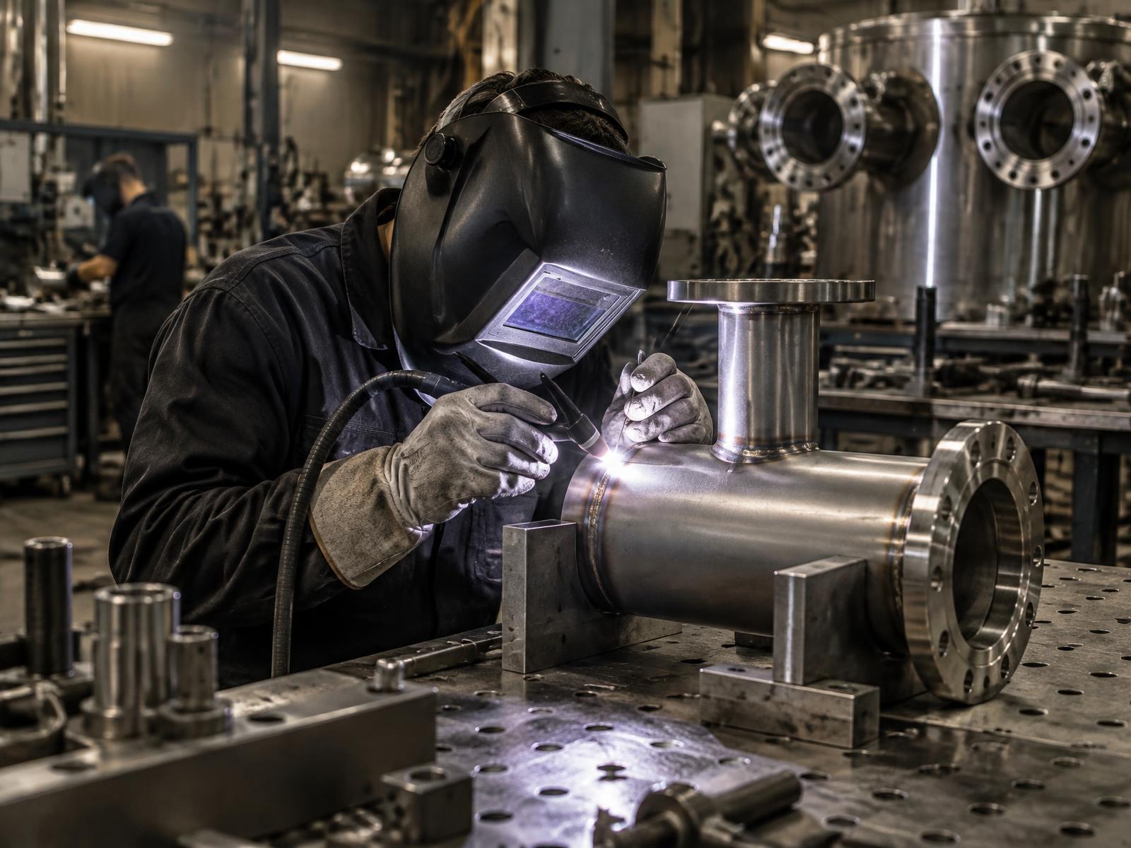 A skilled welder working on precision stainless steel fabrication